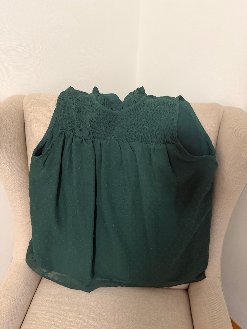 Sleeveless Smocked Dark Green Swiss Dot Top